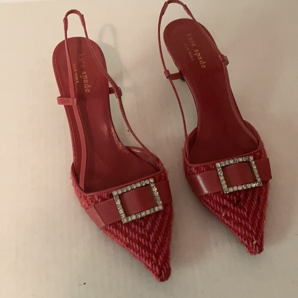 KATE SPADE Pink Tweed Kitten Slingback Size 6 1/2 - Picture 3 of 16